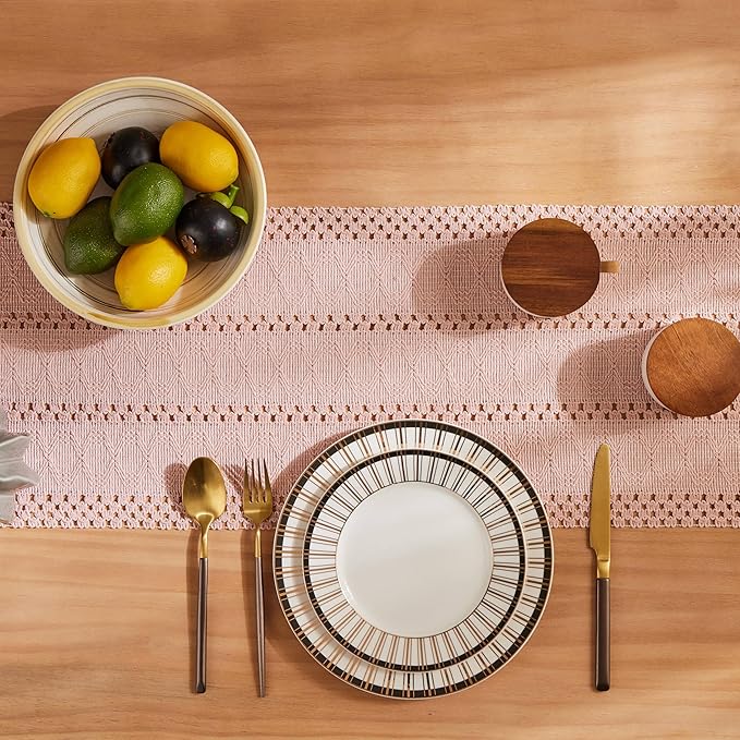 ZeeMart Macrame Style Boho Table Runner, Pink Table Runners 90 Inches Long, Farmhouse Woven Home Decor, 12x90 Inch, Light Pink