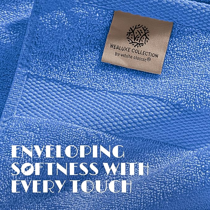 White Classic Light Blue Washcloths Set for Body and Face Towel, Cotton Wash Cloths Bulk 12 Pack, Spa Fingertip Wash Clothes 12x12 Inch, Soft Absorbent Gym Towels