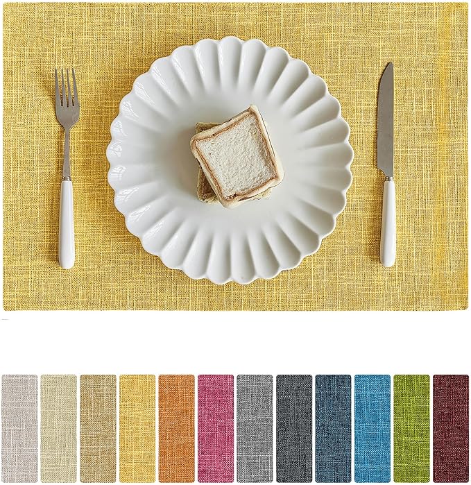 Softalker Faux Linen Placemats Set of 6-12 x 18 Inch, Heat Resistant Double Layered Durable Burlap Farmhouse Place Mats, Non-Slip Washable Rustic Table Mats for Dining, Kitchen, Party（Yellow