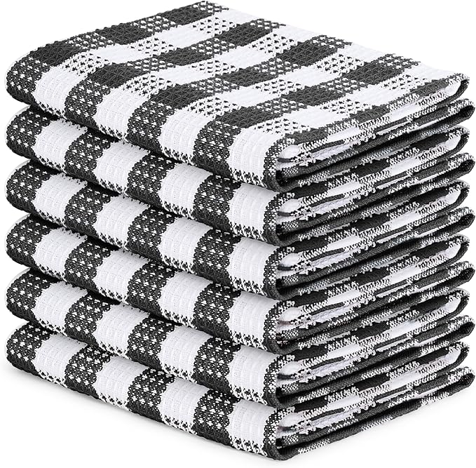 Blue Needles Set of 6 Waffle Weave Kitchen Towel, 15x25 Inches 100% Cotton Check Plaid Dish Towels for Kitchen, Soft & Absorbent for Quick Drying with Hanging Loop, Spring Summer - Black & White