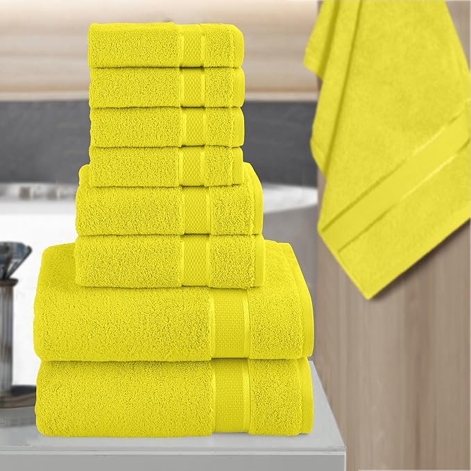 Elegant Comfort Premium Cotton 8-Piece Towel Set, Includes 4 Washcloths, 2 Hand Towels and 2 Bath Towels, 100% Turkish Cotton - Highly Absorbent and Super Soft Towels for Bathroom, Yellow