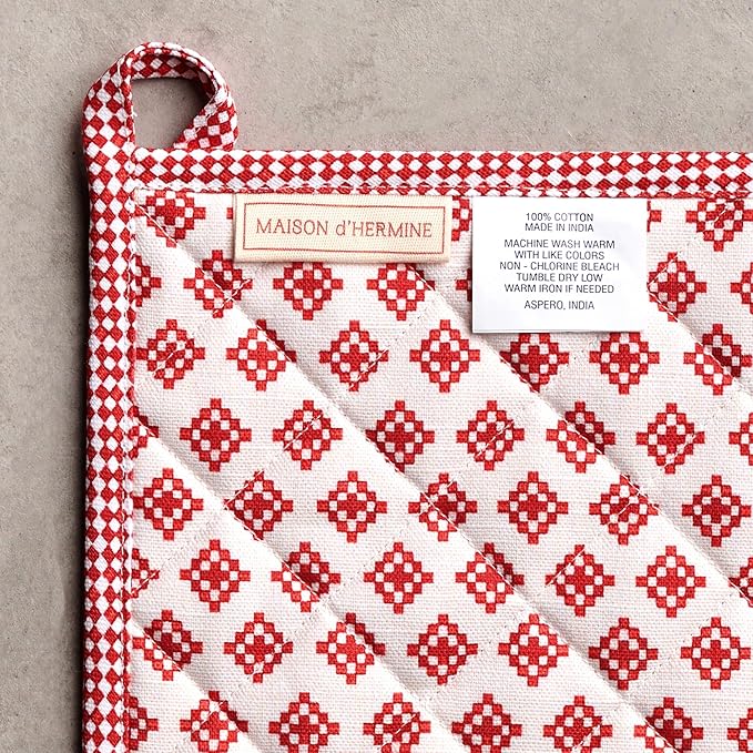 Maison d' Hermine 100% Cotton Oven Mitt & Pot Holder Set (7.5"x13" & 8"x8") Heat Resistant BBQ Cooking Gloves with Loop for Thanksgiving Christmas Decorations Handling Hot Pans (Rural Christmas)