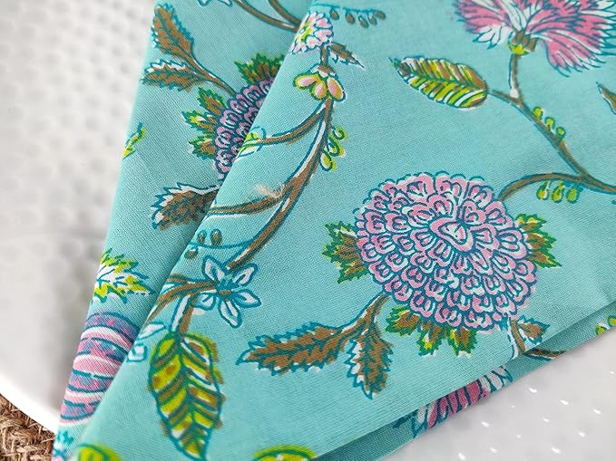 Craftbot Soft Washable Thin Cotton Dinner Napkins 18x18 inches - Set of 6 - Everyday Use or Dinner Party and Events - Sea Green and Turquoise and Yellow Floral Lightweight Indian Block Print Fabric