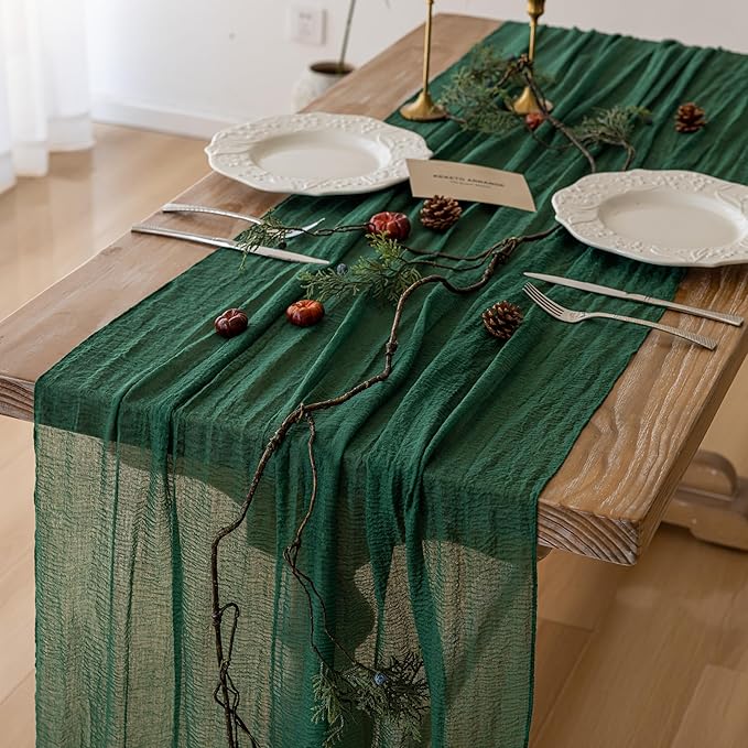 Keketoarrange Emerald Green St. Patrick's Day Table Runner Cheesecloth Gauze 120 Inch 10 FT Rustic Boho Cheese Cloth Decor for Wedding Baby Bridal Shower Sheer Vintage Spring Easter Home Decorations