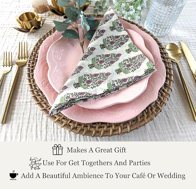 Craftbot Soft Cotton Dinner Napkins 18x18 inches - Washable Thin Cloth Napkins Set of 6 - Everyday Use or Dinner Party and Event - Beige with Green Floral Pattern LIGHTWEIGHT Indian Block Print Fabric