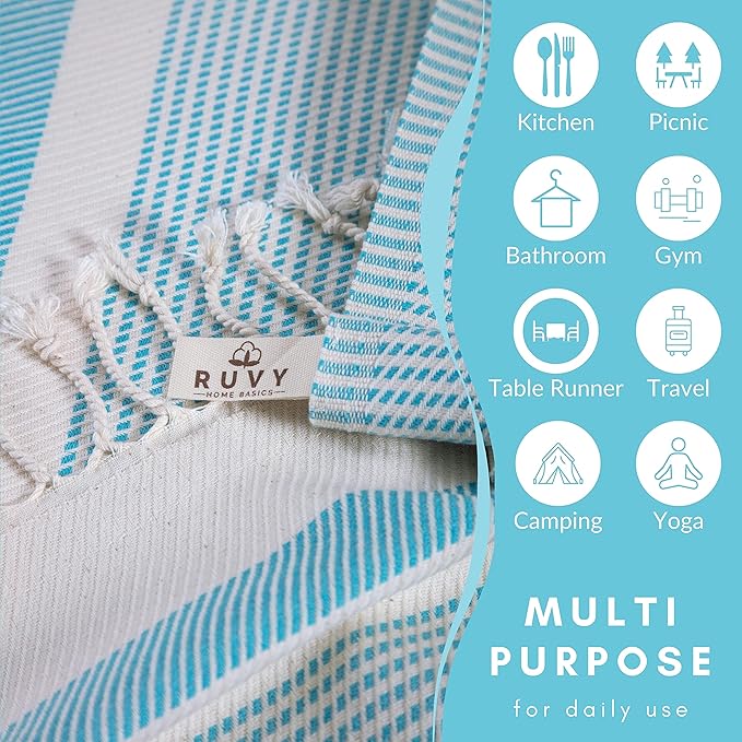Ruvy Home Basics Turkish Hand Towels for Bathroom Set of 4 | 18"x40", Cotton | Decorative Towel for Bathroom, Kitchen, Dishcloth, Tea, Yoga, Face, Gym - Turquoise