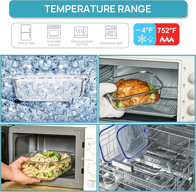 Vtopmart 2Pack 2260ml/ 76.4oz Large Glass Storage Containers with Lids, Meal Prep Food Container Set with Snap Airtight Lid for Baking, Microwave, Oven, Leak Proof, for Freezer, Dishwasher, Blue