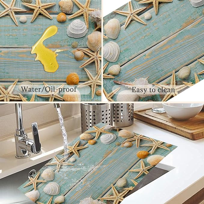Beach Starfish Placemats Set of 6,Washable Heat Resistant 12×18 Inch Linen Table Mats Coastal Place Mats for Party Outdoor Dining Décor