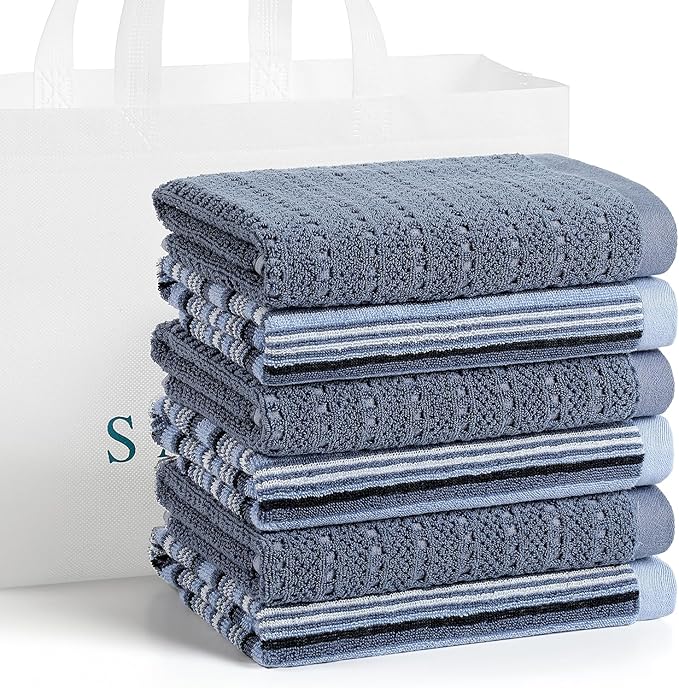 Kitchen Dish Towels for Drying Dishes, Large Cotton Kitchen Towels, Stripped Terry Dish Cloths, Thick Highly Absorbent Towel Sets with Hanging Loop, 16" X 26", 6 Packs, Blue and Solid Color