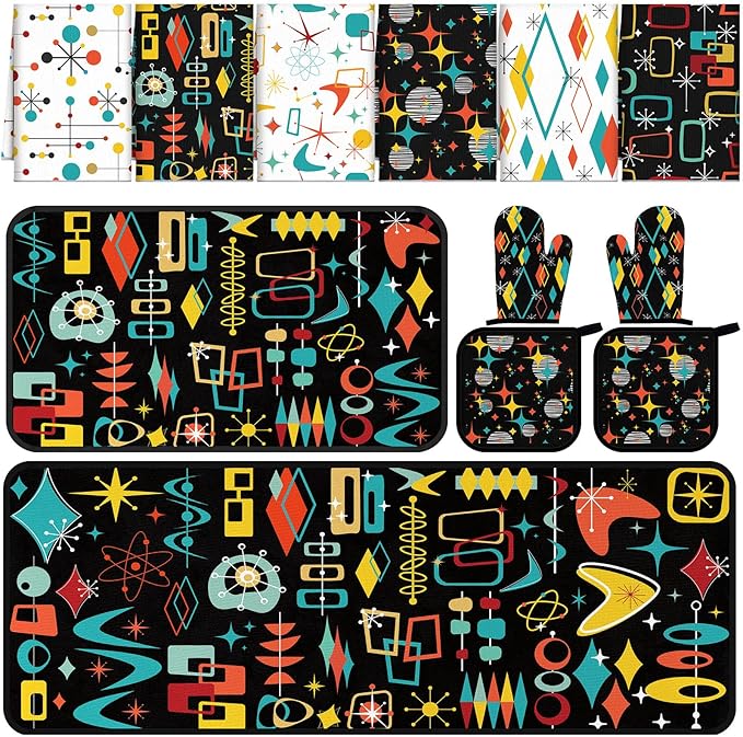 Fourluoo 12 Pcs Retro Kitchen Decor Mid Century Oven Mitts and Pot Holders Set Mid Century Kitchen Dish Towels Vintage Abstract Geometric Potholders Rugs Mats for Black White Baking Cooking BBQ Gift