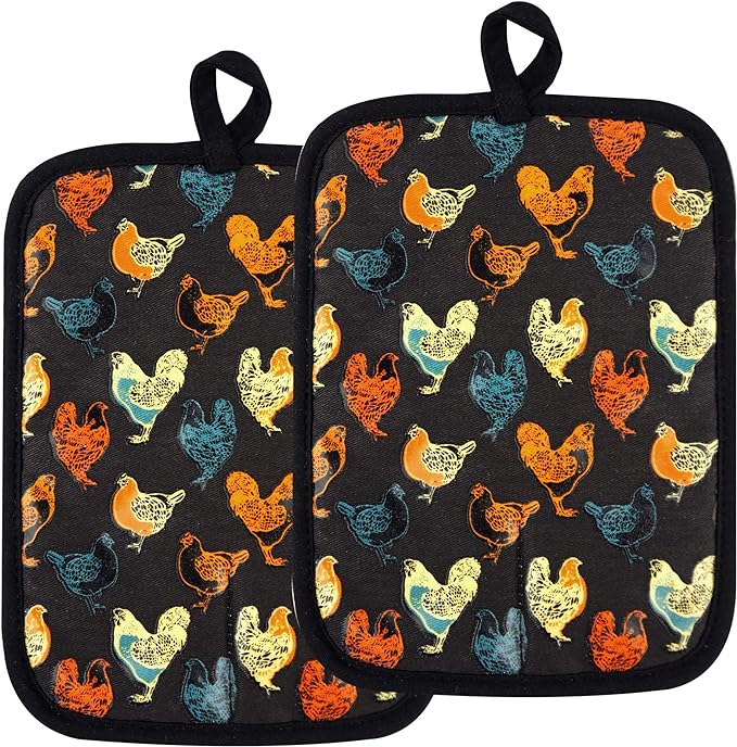 Pot Holders Set of 2 Heat Resistant 480 ℉Non Slip Clear Silicone Printed Comfortable Cotton Lining Kitchen Women Men Cooking Baking Microwave Machine Washable (Rooster, Black Potholders)