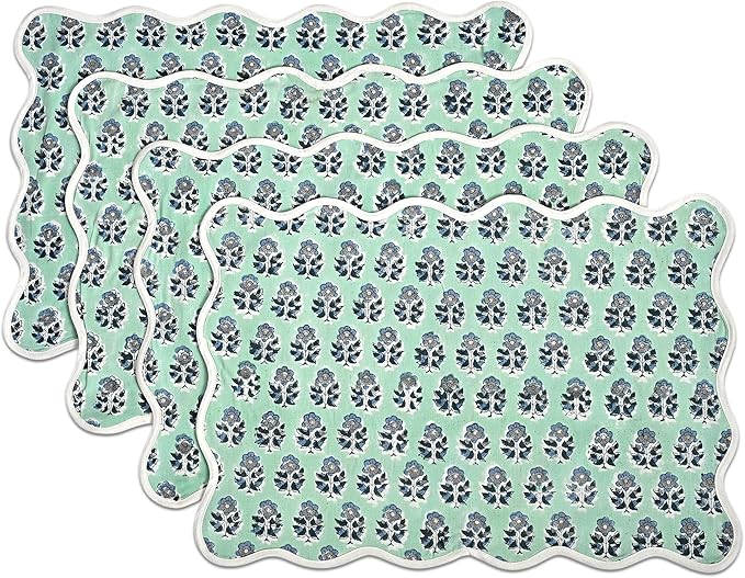 CPC Cotton Placemats Poppy Blue Set of 4-Hand Block Printed Reversible Placemats, Flower Scalloped & Embroidered Cloth Table Mats - 14 x 20 inch Gift for Spring, Mother's Day