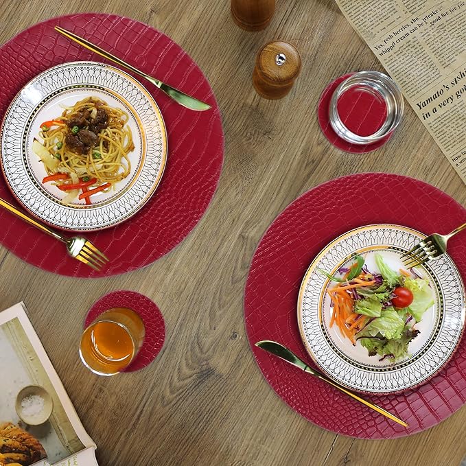 Jovono Round Leather Placemats for Round Tables Set of 8, Red Place Mats and Coasters, Wipeable Waterproof Heat Resistant Table Mats Easy to Care for Indoor Decor 13 inch Diameter
