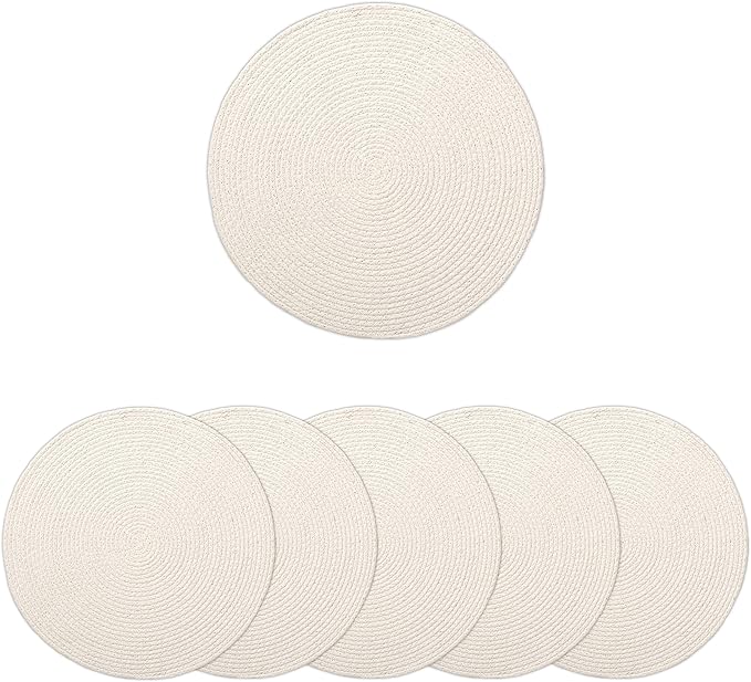 Encasa XO Dining Placemats Set of 6 | Cotton Round Table Mat - 13 in Diameter | Off White | Handmade Rib Style Chargers for Dinner Plates