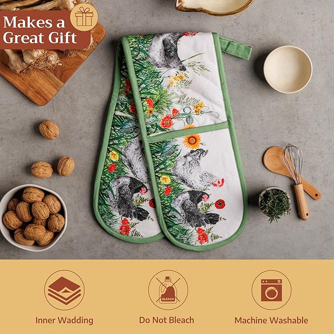 Maison d' Hermine Double Oven Mitts 100% Cotton 7"x35" Double Oven Mitt Heat Resistant BBQ Cooking Gloves with Loop Baking Grilling Gifts for Mothers Day Spring Summer (Basse Cour)