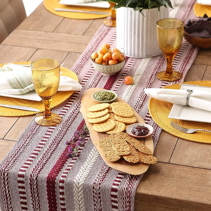 DII Farmhouse Braided Stripe Table Runner Collection, 15x72 (15x77, Fringe Included), Wine