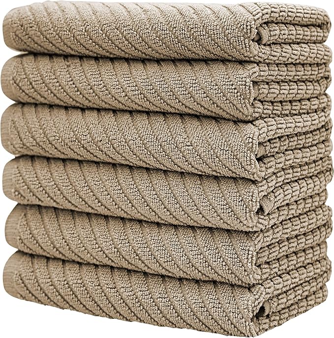 Premium Kitchen Towels (16”x 25”, 6 Pack) | Large Cotton Kitchen Hand Towels | Dish Towels | Diagonal Weave Design | 445 GSM Highly Absorbent Tea Towels Set with Hanging Loop | Tan