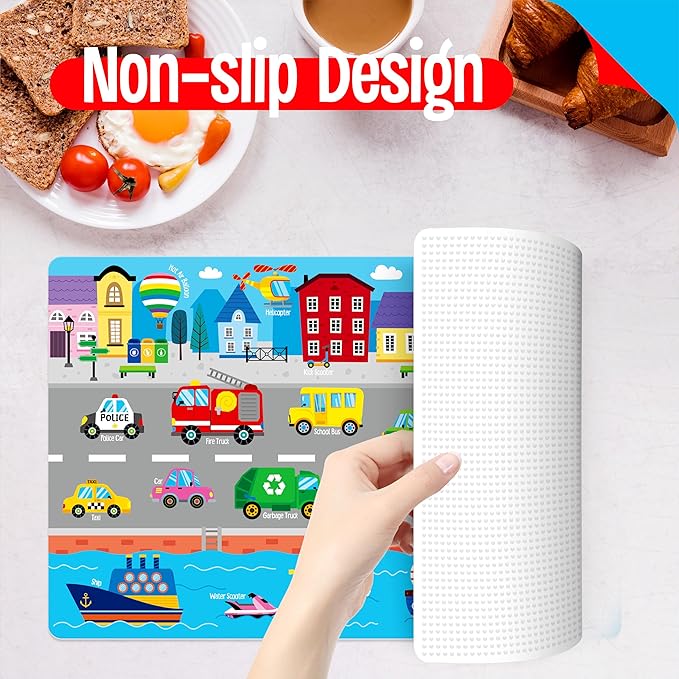 6 Pack Placemats for Kids, Non-Slip Washable Dining Mats, Reusable Jungle, Underwater World, Farm, Dinosaur, Vehicle & Magic World Table Mats for Home, Kindergarten, Classroom, Nursery