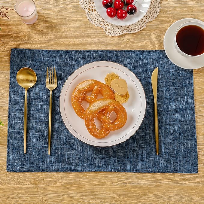 SHACOS Washable Cloth Placemats Set of 6 Fabric Place Mats Double Layered Thick Faux Linen Placemat Non Slip Reversible Table Mats Home Wedding Table Decor, Dark Blue