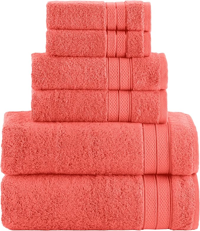 Elegant Comfort Luxury 6-Piece Towel Set, Premium Soft 100% Turkish Cotton, Three Line Popcorn Design 2 Bath Towels, 2 Hand Towels and 2 Washcloths Towel Set - Quick-Drying and Absorbent, Coral