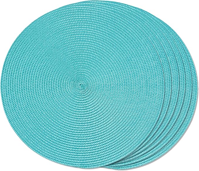FunWheat Round Braided Placemats Set of 6 Table Mats for Dining Tables Woven Washable Non-Slip Place mats 15 inch(Turquoise, 6pcs)