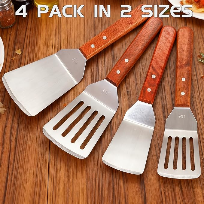 Pumtus 4 Pack Stainless Steel Spatula Set, 2 Sizes Metal Spatulas for Kitchen Use, Hevy Duty Solid & Slotted Turner with Wooden Handle, Flat Top Grill Spatula for Egg, Hamburger, Fish, Cooking, BBQ