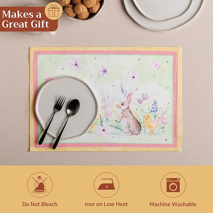 Maison d' Hermine Placemats Set of 4 100% Cotton Washable Cloth Place Mats Reusable Table Mats for Kitchen Dining Party Wedding Gifts for Mothers Day Spring/Summer (Easter Zest, 13" x 19")