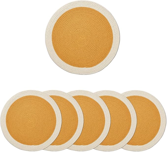 Encasa XO Dining Placemats Set of 6 | Cotton Round Table Mat - 13 in Diameter | Yellow & Off White | Handmade Rib Style Chargers for Dinner Plates
