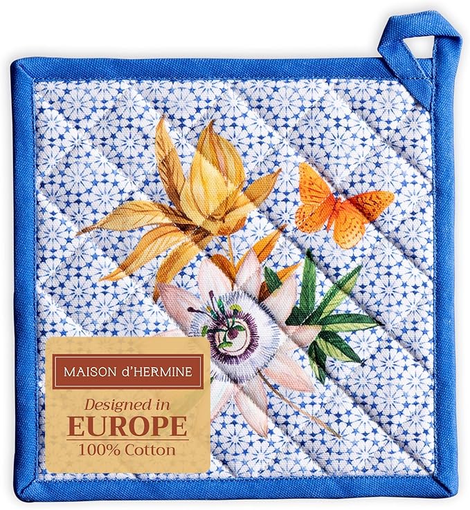 Maison d' Hermine Pot Holders 100% Cotton Heat Resistant Potholders 8" x 8" Hot Pads with Loop BBQ Cooking Baking Gifts for Mothers Day Handling Hot Pans Spring/Summer (Pack of 1, Passiflora)