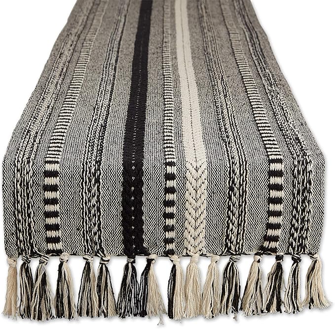DII Farmhouse Braided Stripe Table Runner Collection, 15x72 (15x77, Fringe Included), Black