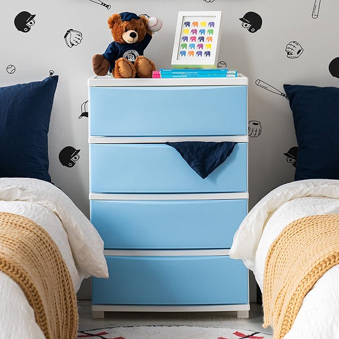 IRIS USA Plastic Drawer Storage Organizer, 4-Drawers, for Classroom Art Supplies Bathroom Dorm Bedroom Laundry Room, Wide, White Frame with Matte Blue Front Panels
