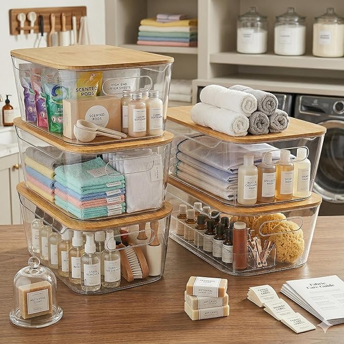 CiWiVOKi 6 Pack Clear Storage Bins with Bamboo Lids - Stackable Pantry Organization and Storage Containers with Handles - 3.7L Large BPA-Free Plastic Organizer for Kitchen, Fridge, Bathroom & Closet