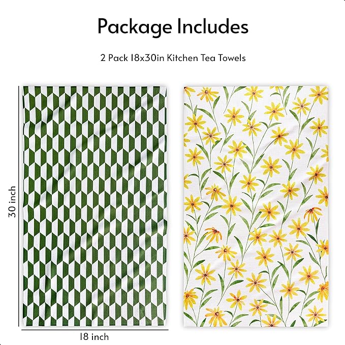 Eulnars Kitchen Towels, 18" x 30" Tea Towels for Kitchen, Quick Dry Dish Towels for Kitchen Drying, Daisy Whimsy Series, 2-Pack