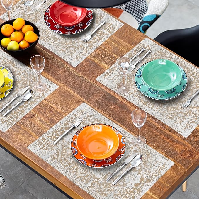 aportt Gray Khaki Boho Placemats Set of 6 Ethnic Bohemian Carpet Place Mats Washable Kitchen Dining Vintage Grey Geography Floral Linen Table Mats Stain Heat-Resistant for Home Party Indoor 12x18 in