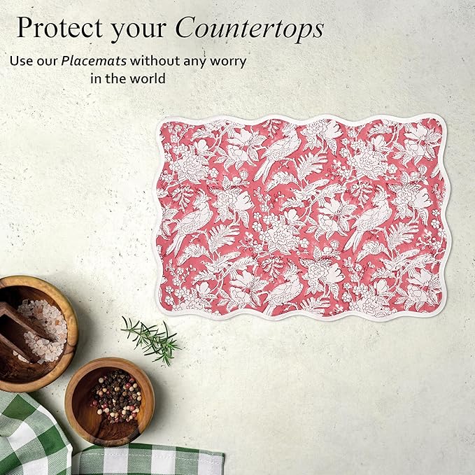 CPC Cotton Placemats Pink Coral Set of 4-Hand Block Printed Reversible Placemats, Flower Scalloped & Embroidered Cloth Table Mats - 14 x 20 inch Gift for Spring, Mother's Day