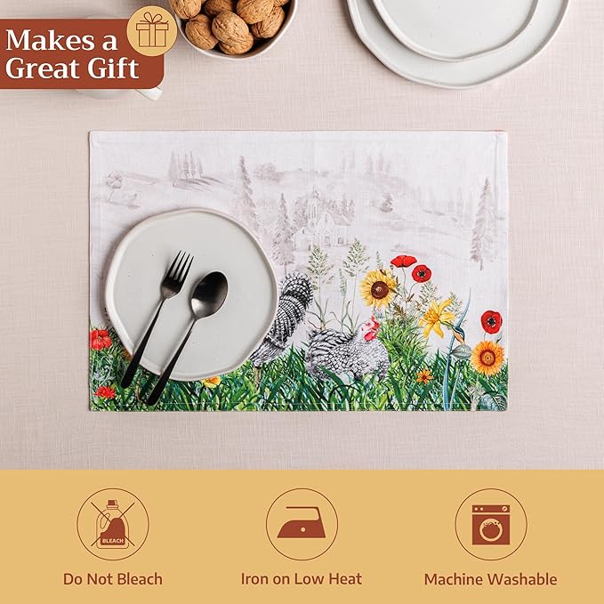 Maison d' Hermine Placemats Set of 4 100% Cotton Washable Cloth Place Mats Reusable Table Mats for Kitchen Dining Party Wedding Gifts for Mothers Day Spring/Summer (Basse Cour, 13" x 19")