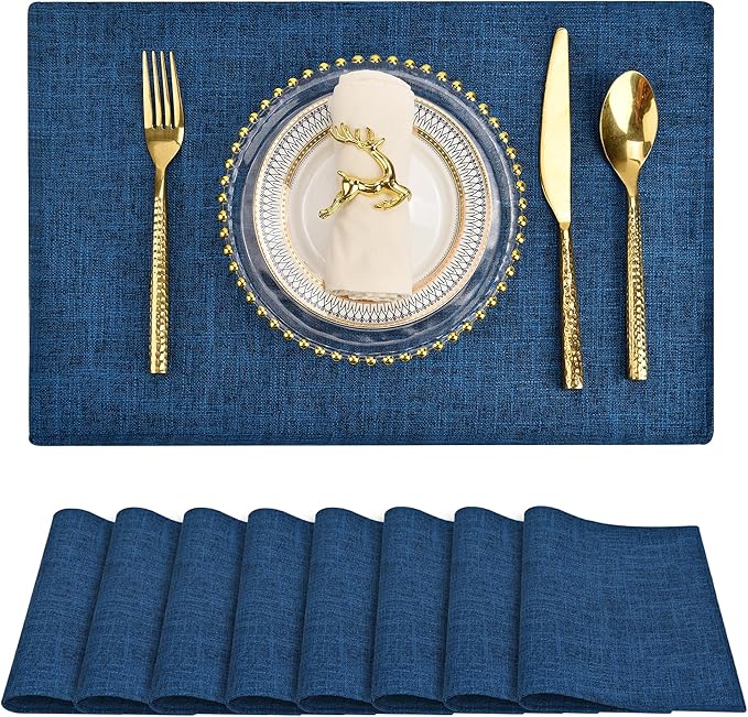 SLKQG Navy Linen Fabric Placemats Set of 8, Heat Resistant & Machine Washable Double-Layered Cloth Placemats for Dining Table, Indoor/Outdoor Use, Non-Slip Kitchen Table Mats (8, Navy)