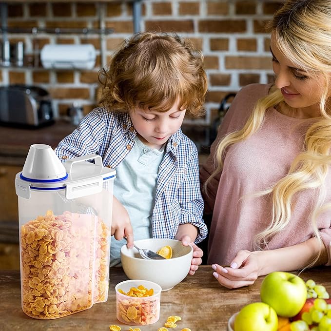 6 Pcs Set Rice Storage Container, Flour Dispenser with Pouring Spout & Measuring Cup, Kitchen Plastic Dry Food Storage Bin for Grain Oatmeal Snacks Pet Dog Food