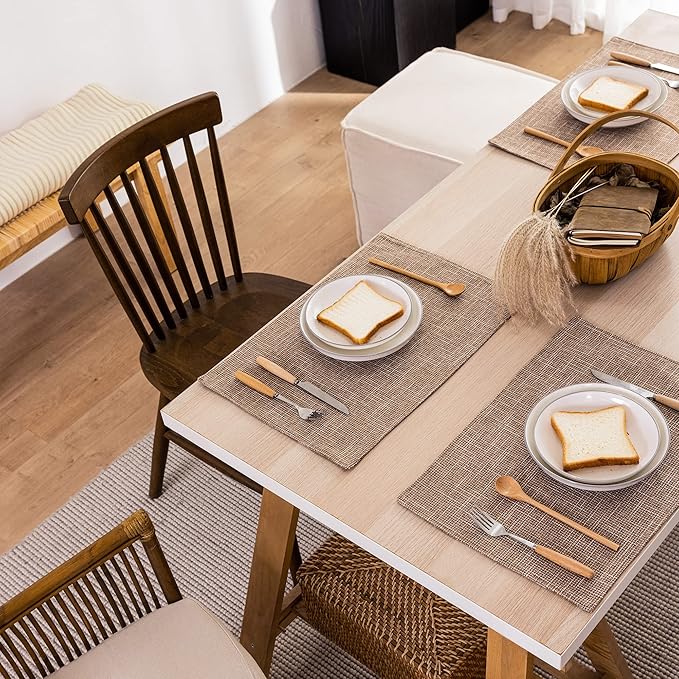Kevin Textile Burlap Linen Placemats Set of 6 Heat Resistant Dining Table Place Mats Washable Kitchen Table Mats for Dinning Party Holiday Indoor Outdoor, 13 x19 inches, Natural Linen