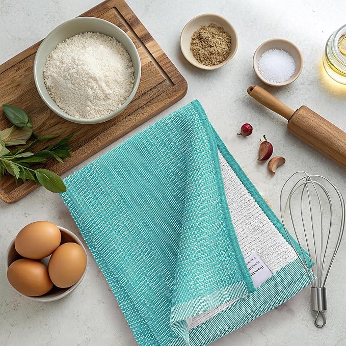 Mordimy Premium Kitchen Towels 8 Pack (18 x 28 Inches, Teal), Large Cotton Kitchen Hand Towel, Flat & Terry Dish Towels for Drying Dishes, Super Absorbent Tea Dishtowels Set with Hanging Loop