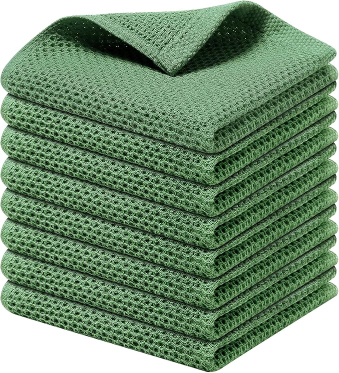 Kitinjoy 100% Cotton Kitchen Dish Cloths (12 X 12 Inches, Grass Green), 8 Pack Waffle Weave Ultra Soft Absorbent Dish Towels for Drying Dishes Quick Drying Kitchen Towels Dish Rags