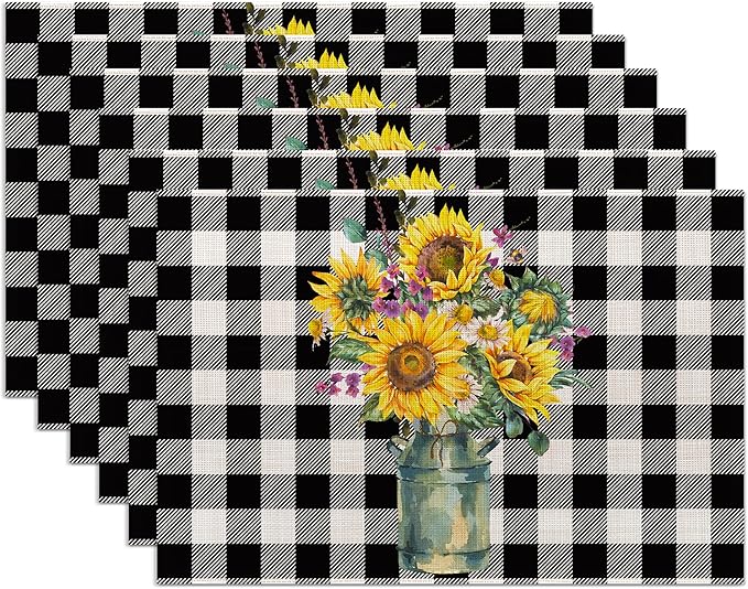 Summer Sunflower Placemats Set of 6,Washable Heat Resistant 12×18 Inch Linen Table Mats Plaid Place Mats for Party Outdoor Dining Decor