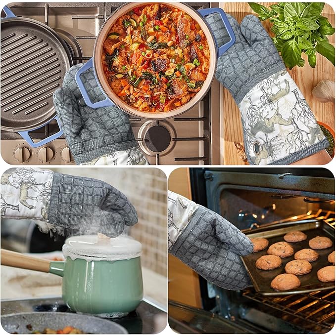 Silicone Printing Oven Mitts Heat Resistant to 500 Degree,Yarm-Dyed Oven Gloves with Animal Design Non-Slip for Kitchen Cooking Barbecue Baking and Machine Washable. (Gray Oven Mitts)