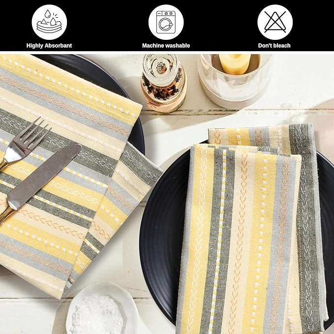 Cloth Napkins Set of 12 – 100% Cotton Dinner Napkins 18x18 Inch – Yellow Multi Color, Machine Washable, Reusable – Ideal for Weddings, Parties, Restaurants