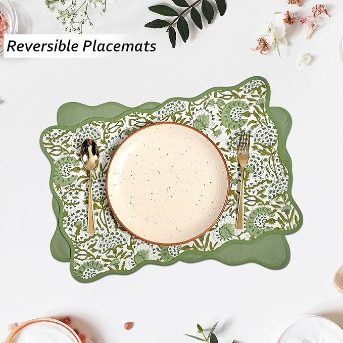 CPC Cotton Placemats Agate Green Set of 4-Hand Block Printed Reversible Placemats, Flower Scalloped & Embroidered Cloth Table Mats - 14 x 20 inch Gift for Spring, Mother's Day