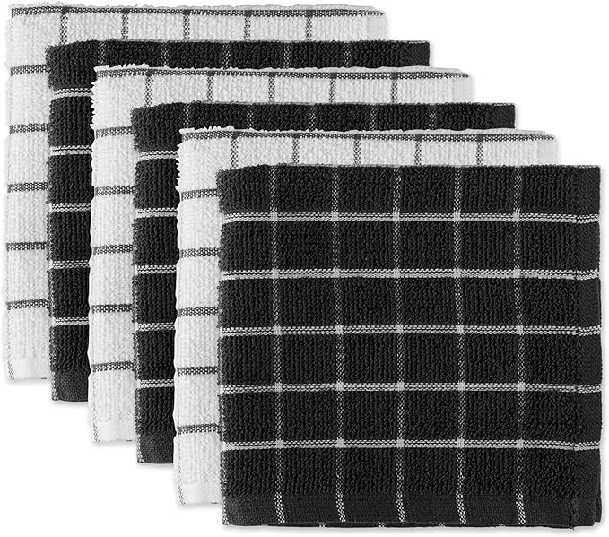DII Basic Terry Collection Windowpane Dishcloth Set, 12x12, Black, 6 Piece