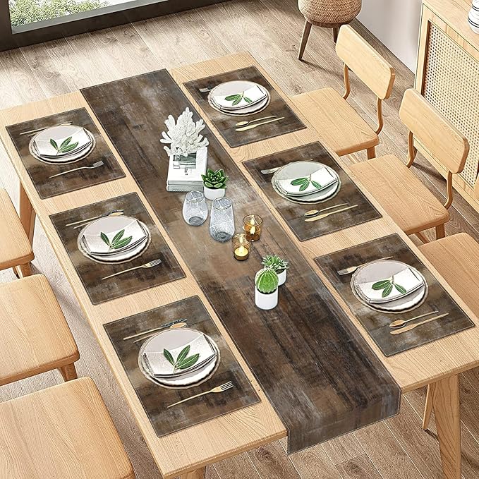 Emvency Vintage Brown Grey Table Runner and Placemats Set of 6, Modern Abstract Painting Art Dining Decor for Daily Use(1 Table Runner 72 inches Long and 6 Placemats)
