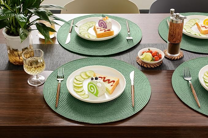 FunWheat Round Braided Placemats Set of 6 Table Mats for Dining Tables Woven Washable Non-Slip Place mats 15 inch (Olive, 6pcs)