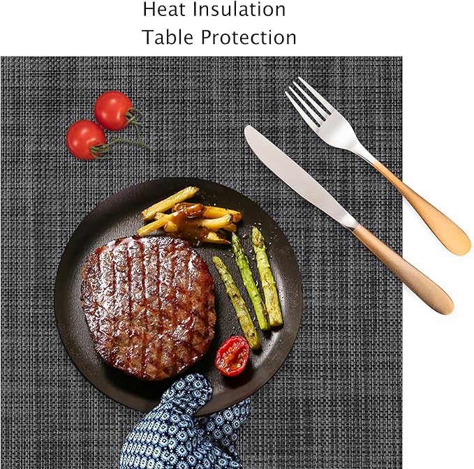 Myir JUN Placemats Set of 8, Vinyl Woven Placemats Place Mats Indoor Set of 8 Washable Table Mats Non-Slip Place mats for Dining Table (Dark Gray-Black, Set of 8)