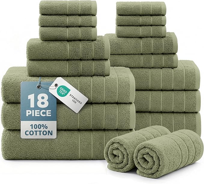 Casa Platino 100% Luxury Cotton Bath Towel Pack of 18 - Softer, High Absorbency & Durable - 6 Bath, 6 Wash Cloth, 6 Hand Towels for Bathroom - Premium Look, Spa Quality, Solid Dyed Towels - Oil Green